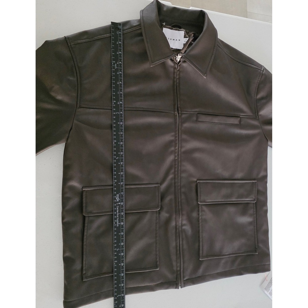 Topman Mens Dark Brown Faux Vegan Leather Trucker Jacket Size S Quilted Lined - Picture 7 of 14